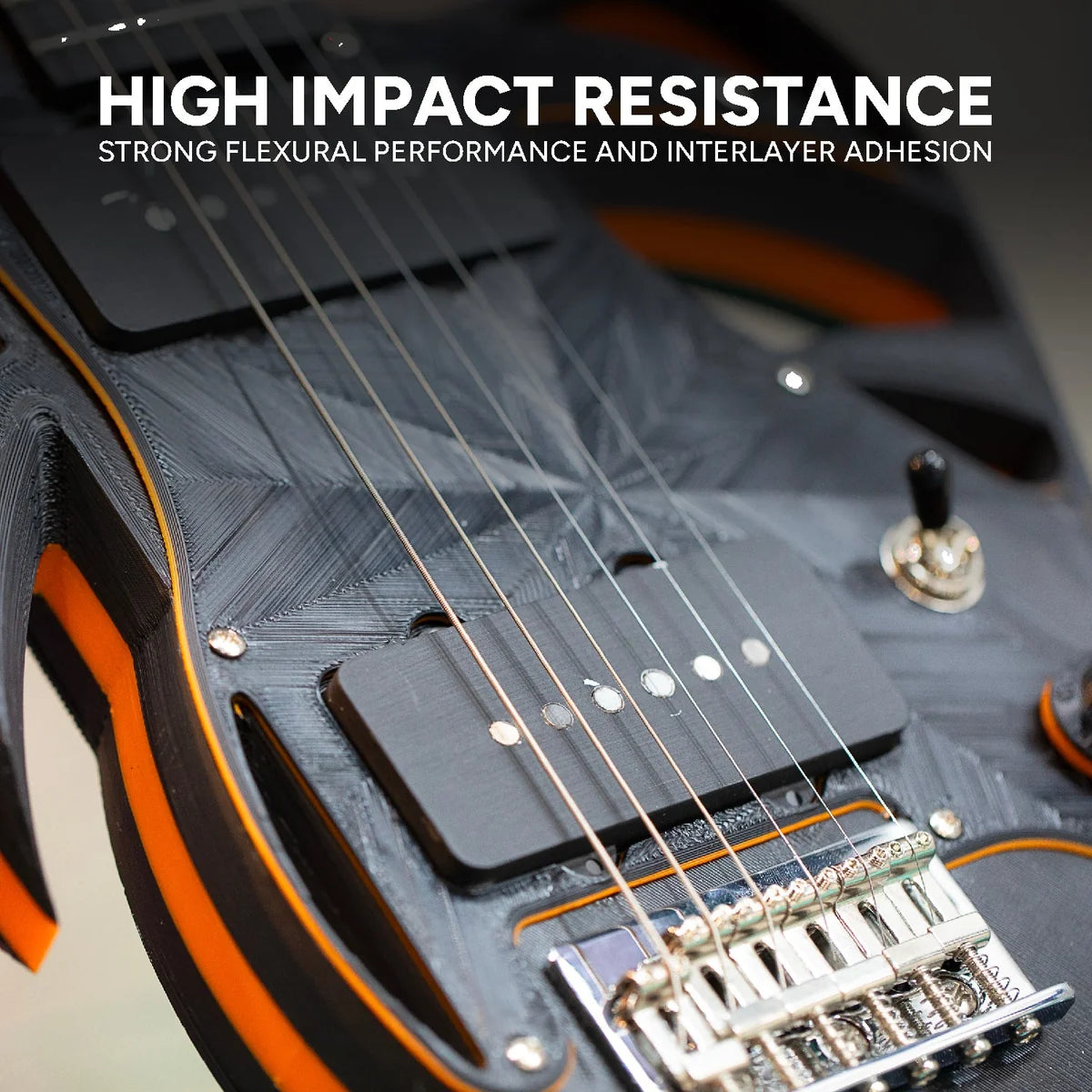 Polymaker PLA Pro Filament: gedruckter Gitarrenkorpus mit Saiten und Steg, Nahaufnahme