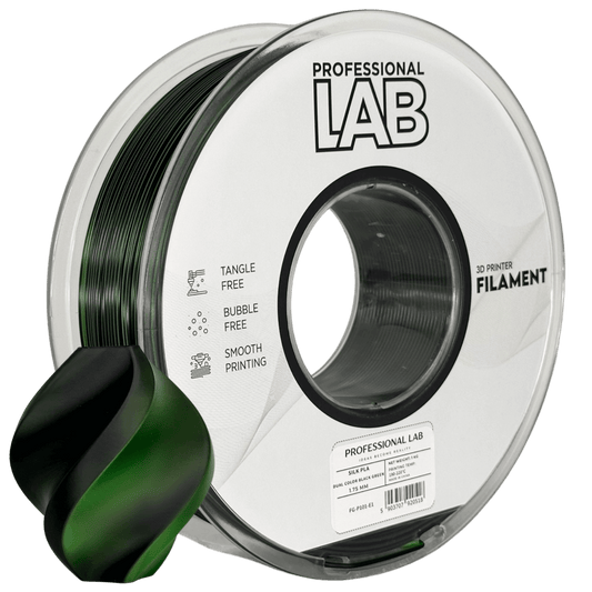 Professional Lab Silk PLA Dual Color 3D printer filament reel with green and black color blend.