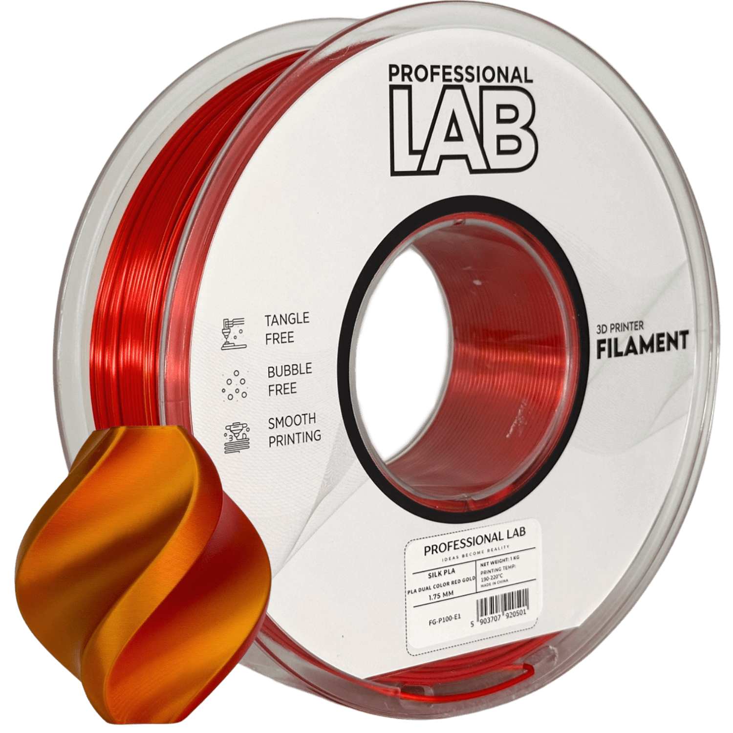 Professional Lab Silk PLA Dual Color Filament auf einer Spule mit zweifarbigen, seidigen Glanz-Effekten.