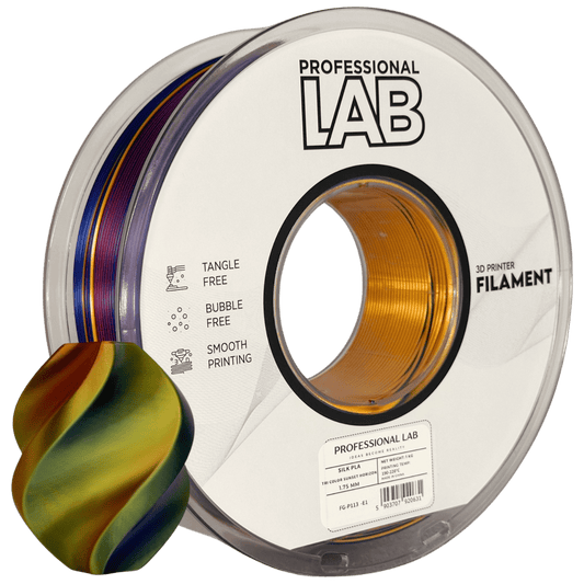 Professional Lab Silk PLA Tri Color filament spool with a colorful 3D print showcase.
