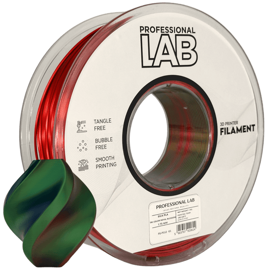 Professional Lab Silk PLA Tri Color filament spool showcasing vibrant red and green colors, ideal for stunning 3D prints.
