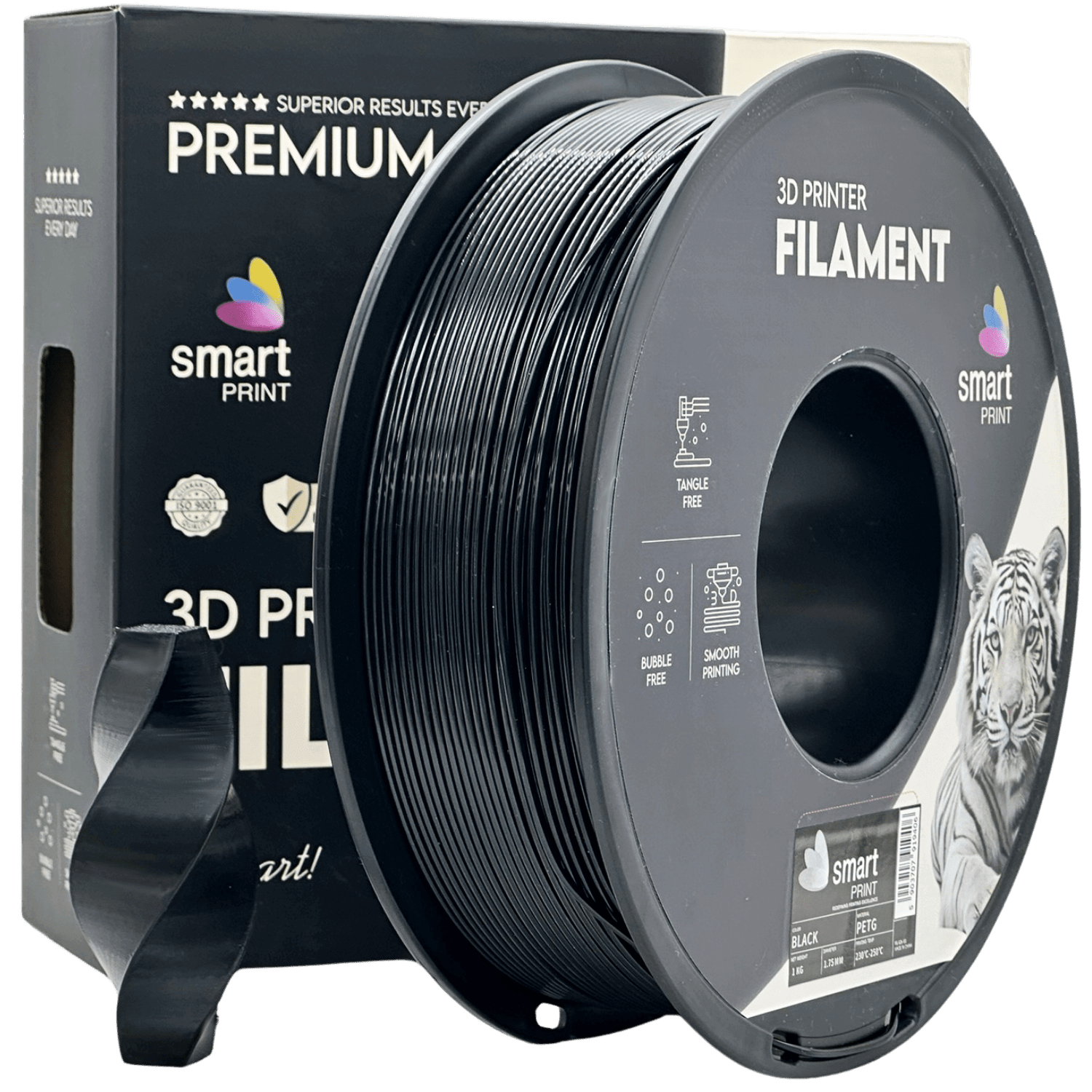 Smart Print PETG 3D Drucker Filament Rolle in Schwarz, Verpackung mit qualitativen Eigenschaften.