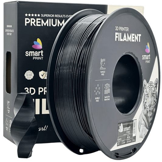 Smart Print PETG 3D Drucker Filament Rolle in Schwarz, Verpackung mit qualitativen Eigenschaften.