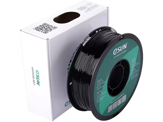 eSun PETG Filamentrolle in Schwarz mit Verpackung für 3D-Druck stabile Bauteile.