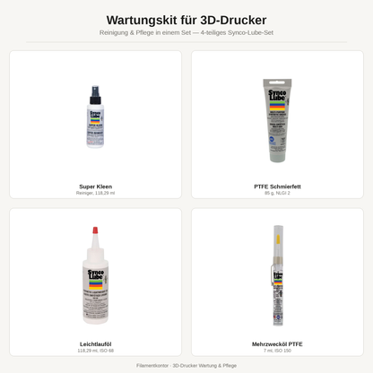Wartungskit für 3D-Drucker: Synco Lube Super Kleen Reiniger, PTFE Schmierfett 85 g, Leichtlauföl und Mehrzwecköl PTFE im 4-teiligen Set
