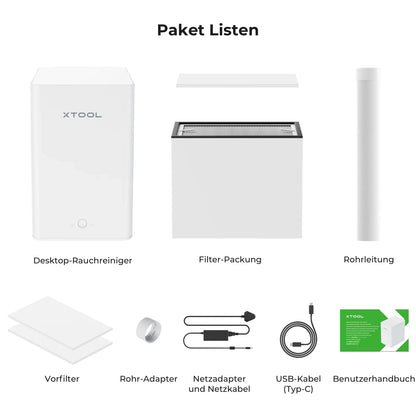 xTool Desktop Smoke Purifier Rauchreiniger, Lieferumfang mit Filter und Zubehör